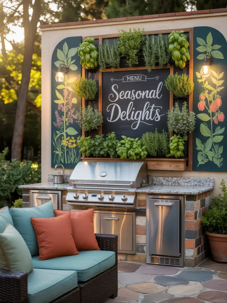 Outdoor kitchen with stainless steel grill and seasonal herb wall décor featuring a chalkboard menu sign reading "Seasonal Delights," surrounded by lush greenery and vibrant accent pillows on wicker seating.