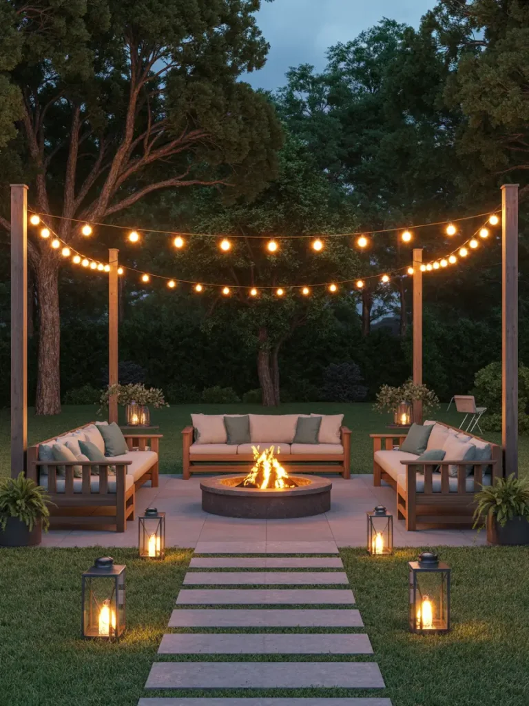 Outdoor fire pit area illuminated with string lights and lanterns, featuring cozy seating under a pergola.