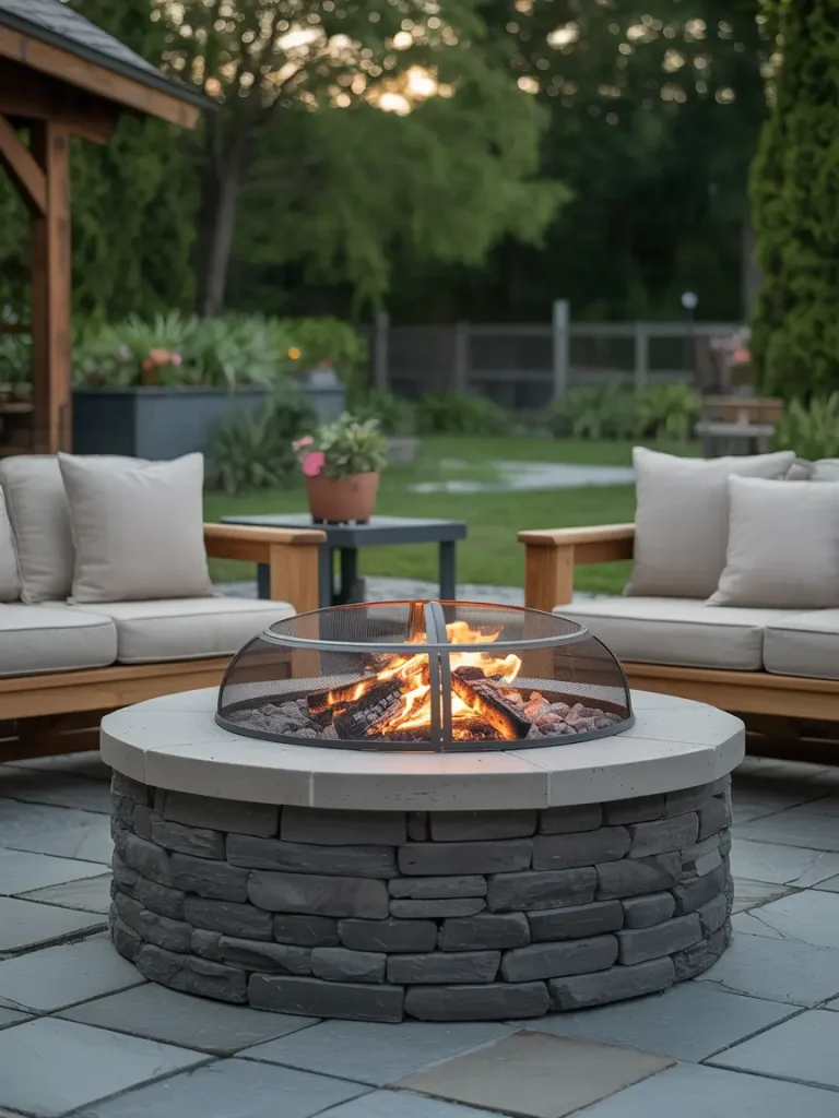 Stone fire pit with safety mesh cover surrounded by cushioned patio seating on a paved outdoor area