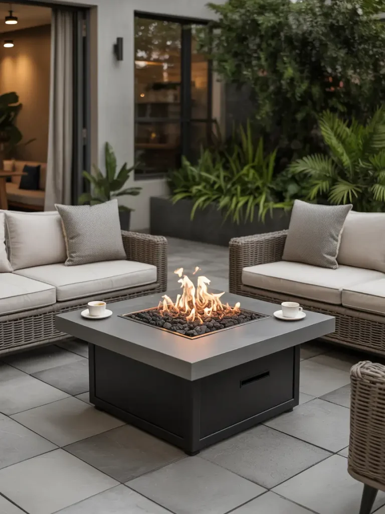Modern outdoor seating area with a square fire pit table surrounded by wicker sofas and neutral cushions.