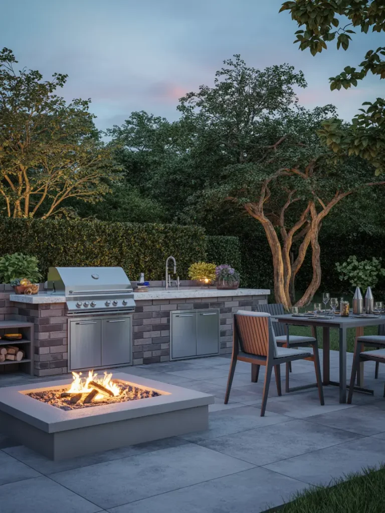 Modern outdoor kitchen with built-in stainless steel appliances and a square fire pit surrounded by a sleek patio setup.