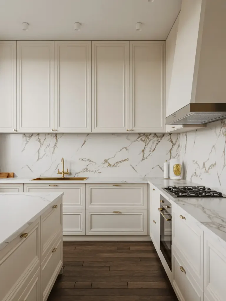 Full-slab white marble backsplash in a modern white kitchen with gold fixtures.
