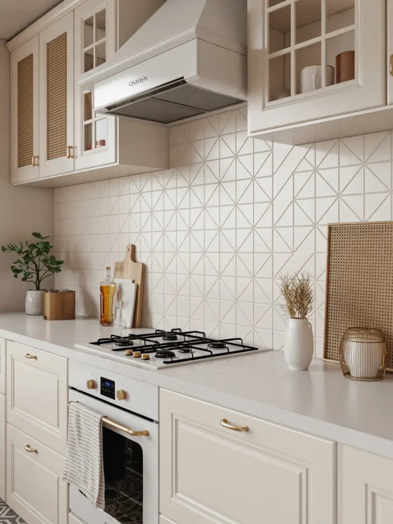 Modern kitchen with white cabinets, geometric white tile backsplash, and gold accents