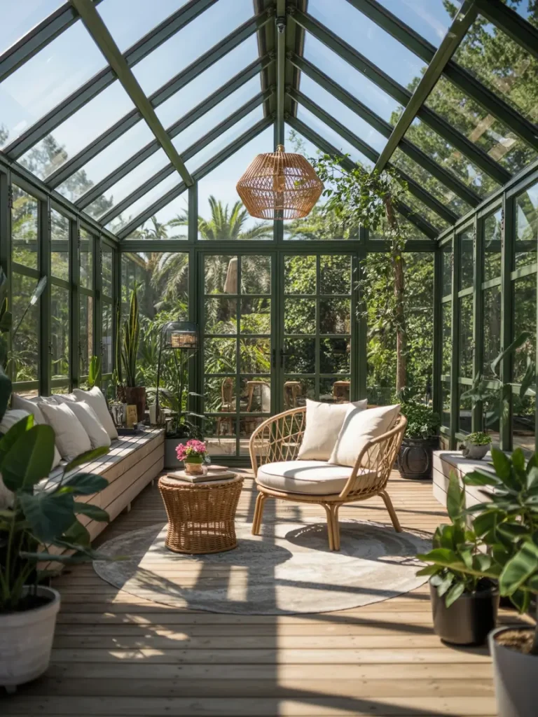Bright greenhouse garden room with glass roof, rattan furniture, and lush indoor plants.