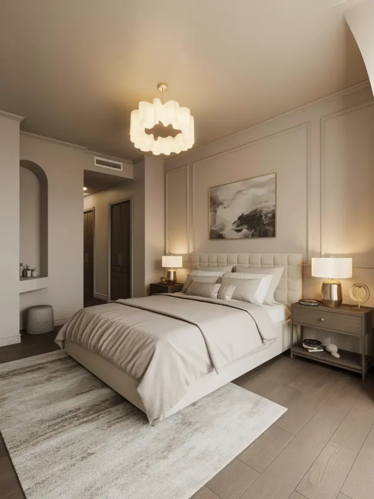 Elegant guest suite with a cozy queen bed, neutral tones, modern chandelier, and soft ambient lighting.