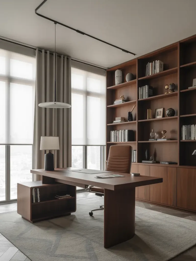 Modern high-end home office with floor-to-ceiling windows, sleek wooden desk, leather office chair, and built-in bookshelves with decor accents.