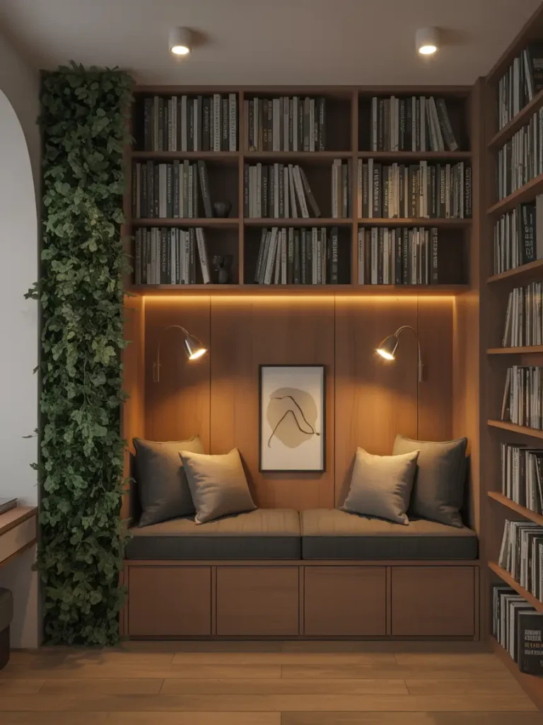 Home library with built-in wooden bookshelves, a cozy reading nook with cushions, and warm accent lighting.