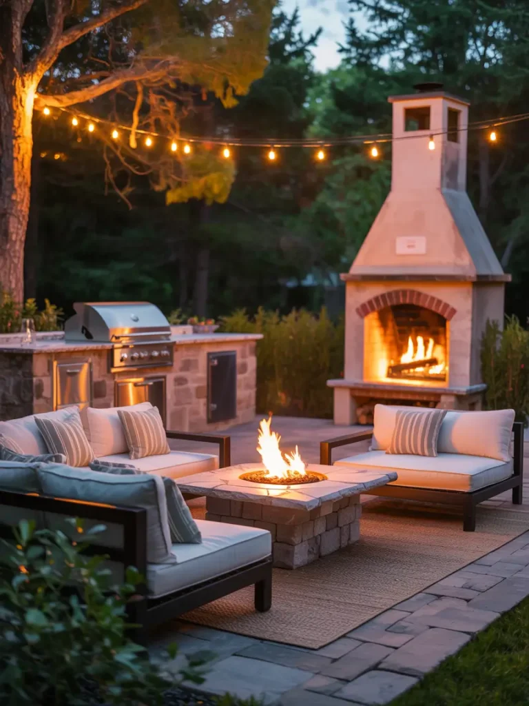 Backyard outdoor kitchen with cozy seating area, a fire pit, and a built-in outdoor fireplace under string lights.