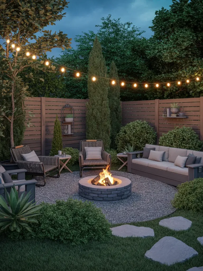 Backyard fire pit area with cozy seating, gravel landscaping, string lights, and lush greenery.