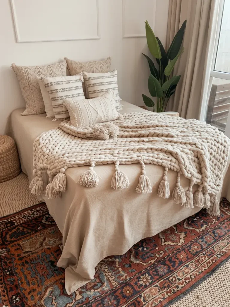 Cozy boho bedroom with layered neutral textiles, tasseled knit blanket, and decorative pillows.
