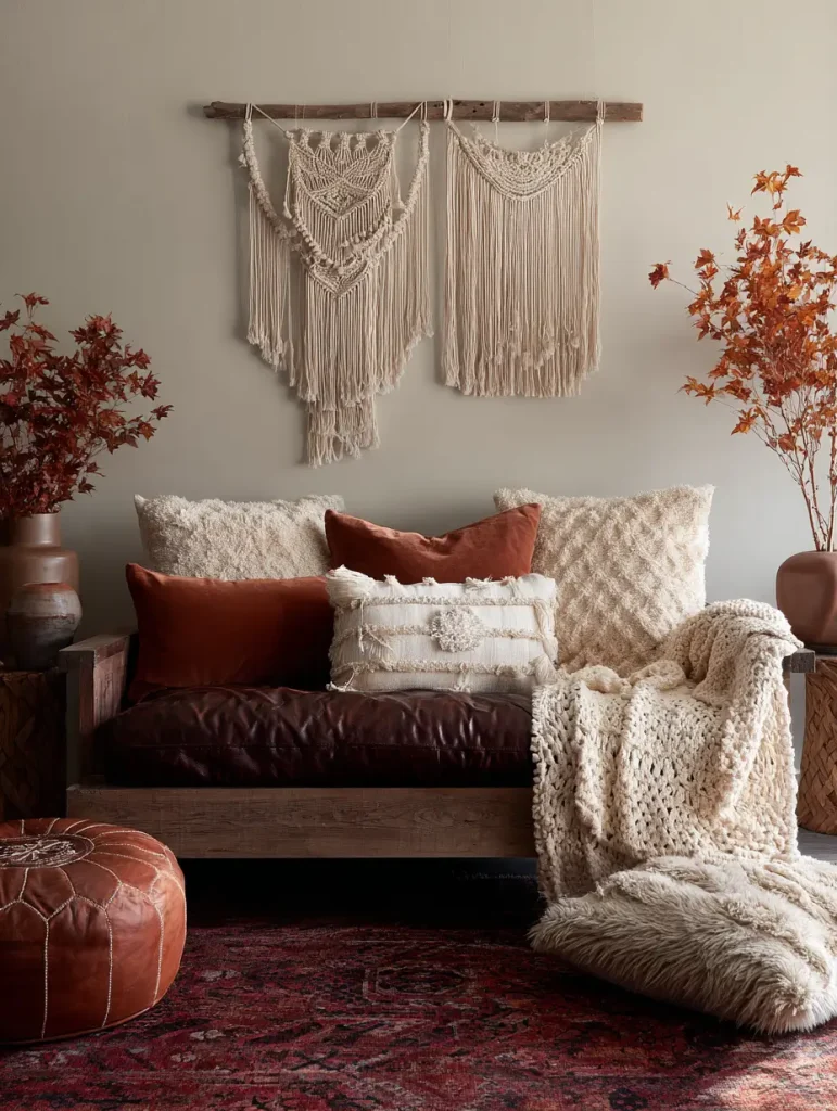 Cozy boho seating area with layered textured pillows, knitted throws, and macramé wall hangings.