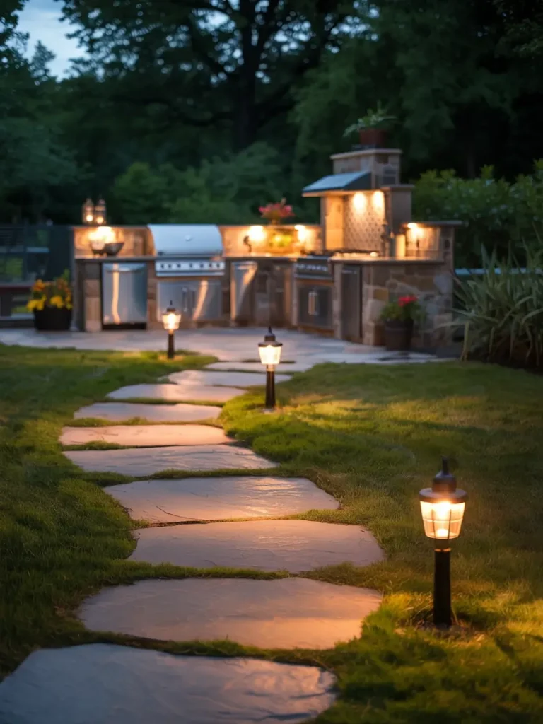 Stone pathway with glowing lantern lights leading to a well-lit outdoor kitchen at dusk.
