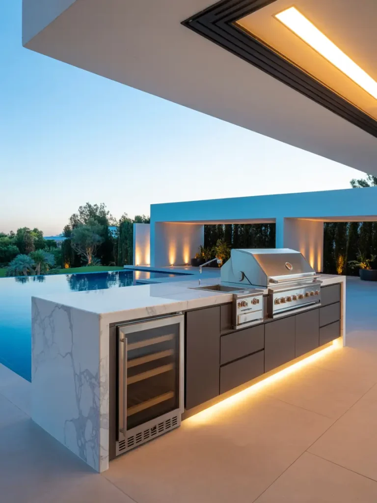 Luxury backyard outdoor kitchen with marble countertops, built-in grill, wine fridge, and modern lighting by an infinity pool.