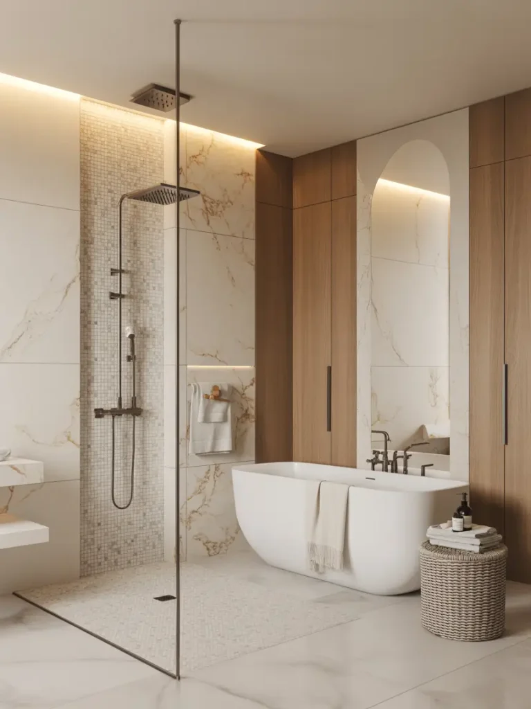 Modern luxury bathroom with a freestanding white bathtub, walk-in rainfall shower, and marble tile accents.