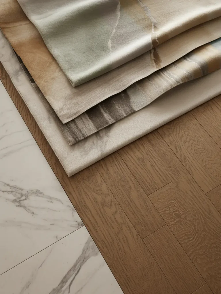 Stacked luxury fabric samples displayed on a surface with contrasting marble tiles and natural wood flooring.
