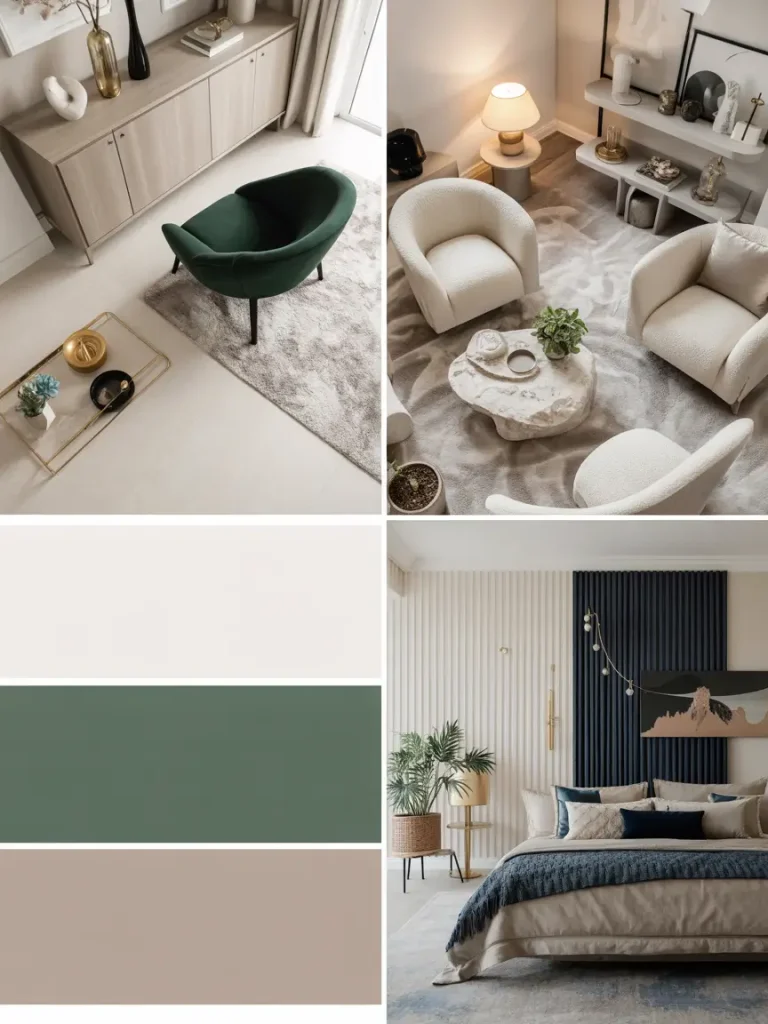 Luxury home color palette ideas with earthy tones of cream, green, beige, and navy blue, showcased through elegant living room and bedroom designs.