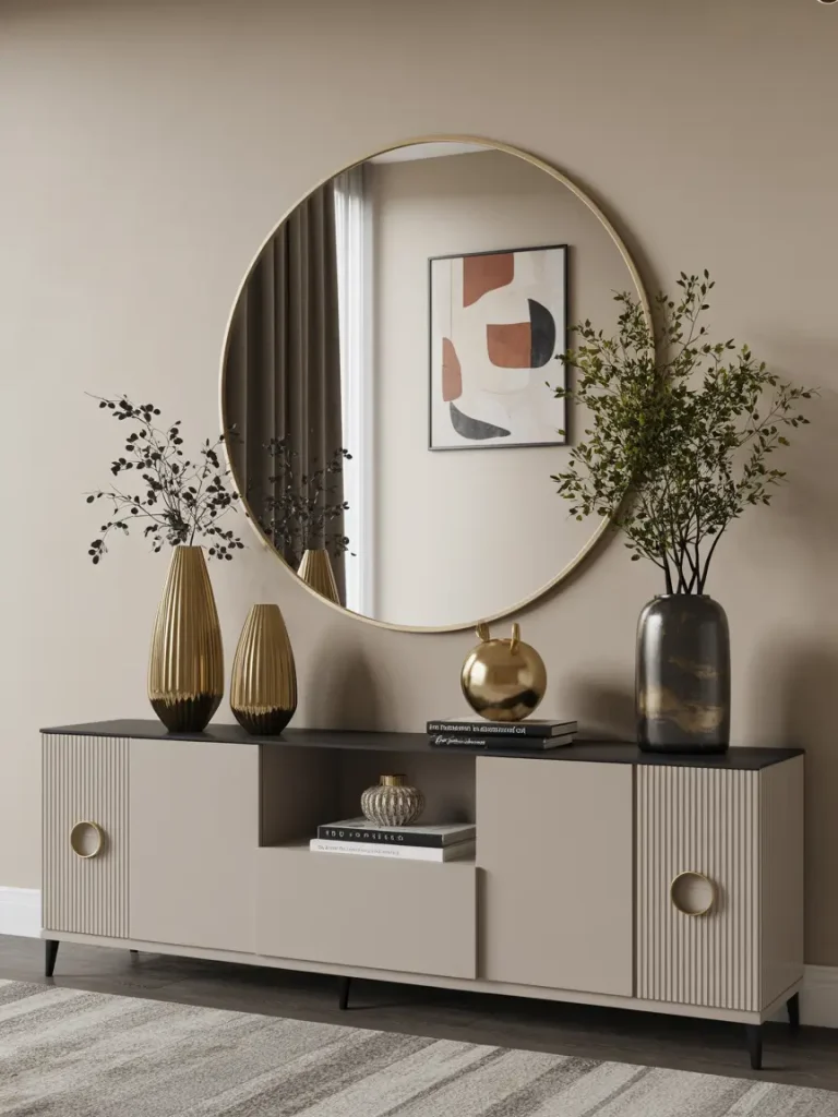 Modern console table with gold vases, round wall mirror, and decorative plants in a luxury home interior.