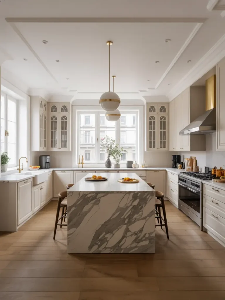 Luxury kitchen extension with a large marble island, gold pendant lights, and floor-to-ceiling cabinetry in a bright, open space.