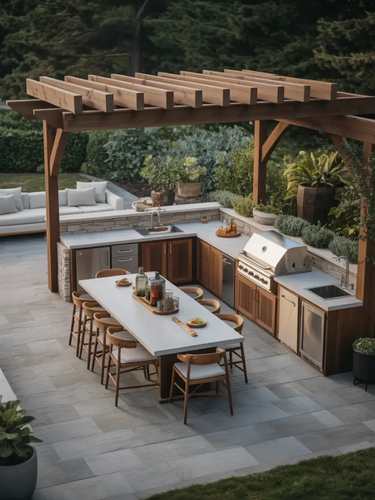 Luxury outdoor kitchen addition with built-in grill, marble countertops, dining table, and pergola surrounded by lush greenery.