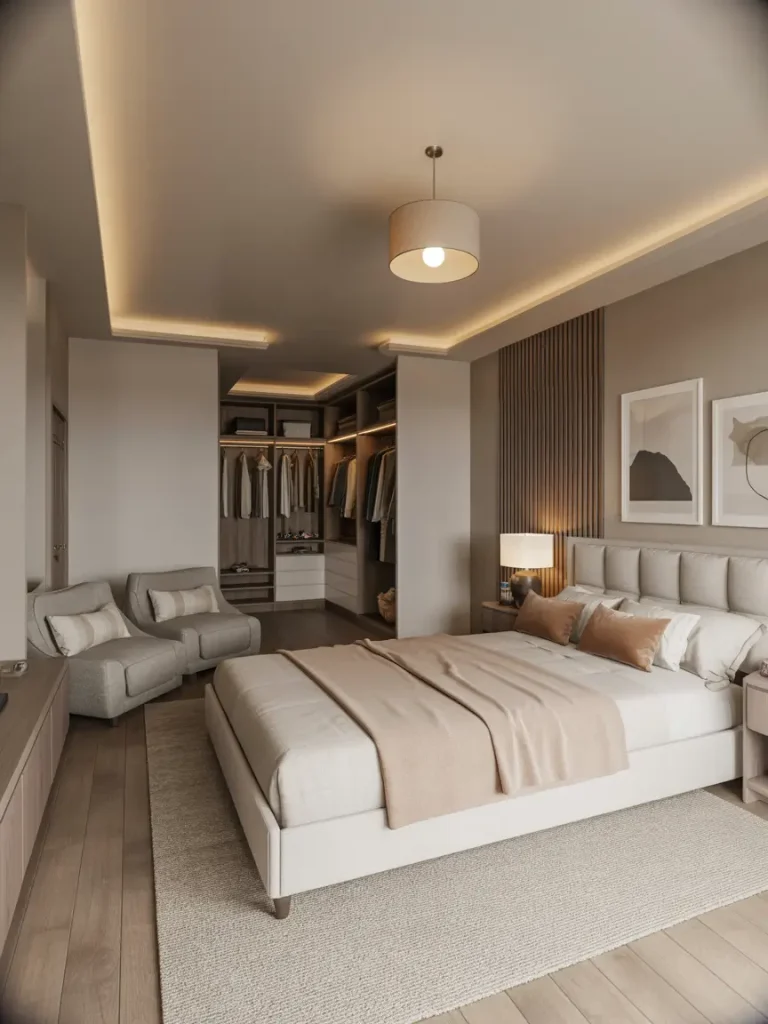 Elegant master suite with a king-sized bed, neutral bedding, cozy sitting area, and an open walk-in closet.