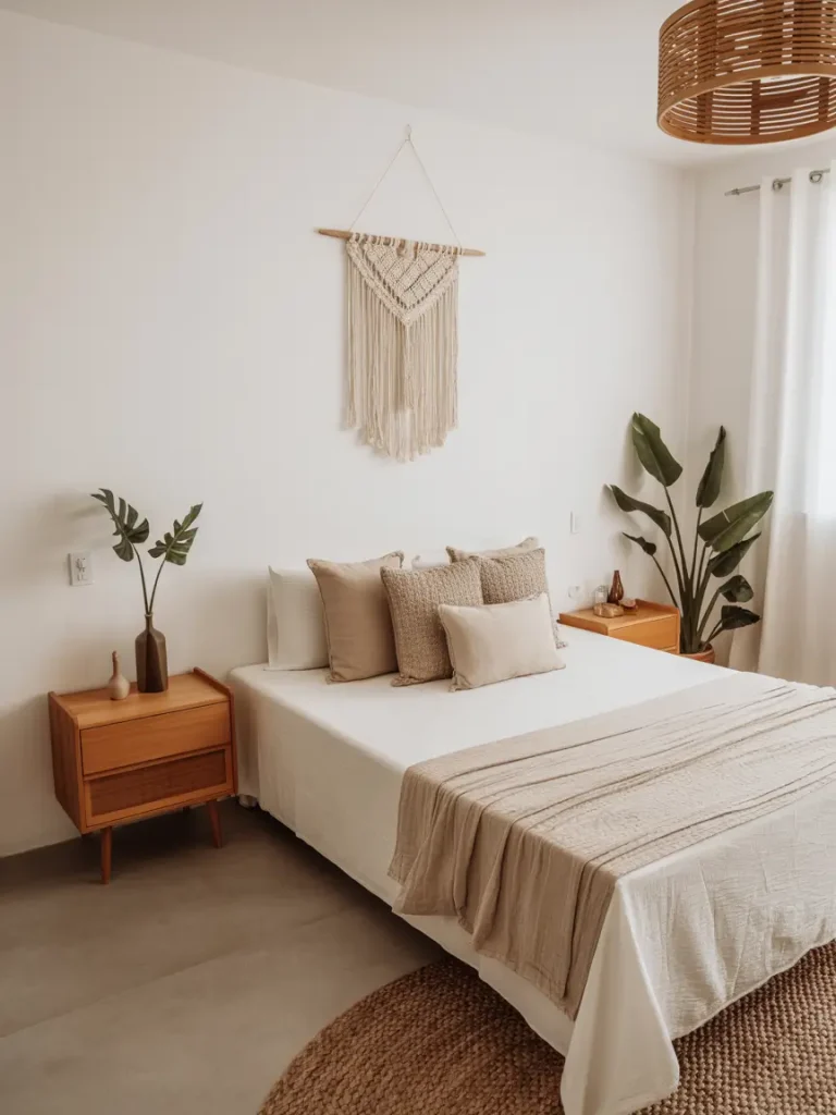 Minimalist boho bedroom with neutral bedding, woven wall hanging, natural wood nightstands, and indoor plants for a calm, airy aesthetic.