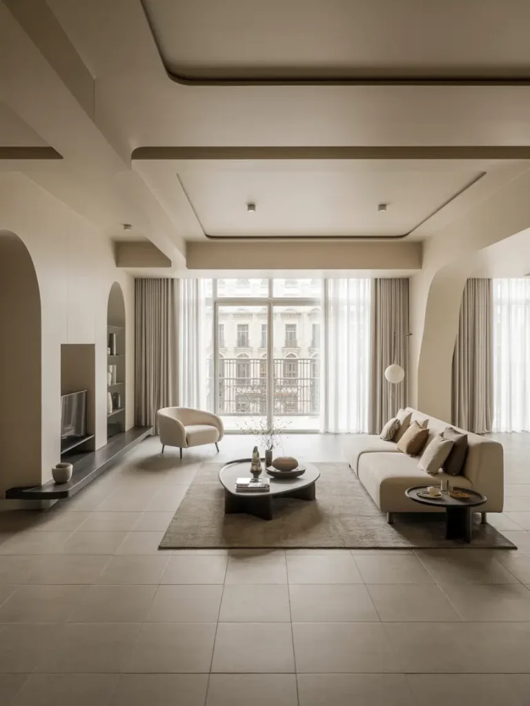 Minimalist luxury living room with neutral tones, modern furniture, and large floor-to-ceiling windows.