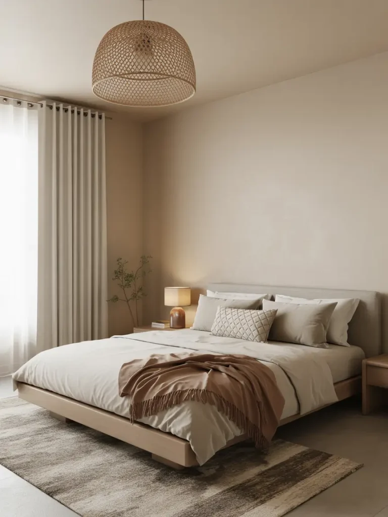 Modern boho bedroom with neutral tones, low platform bed, woven pendant light, layered textiles, and earthy accents.