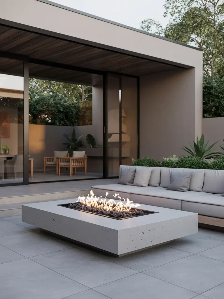 Modern outdoor patio with a sleek rectangular concrete fire pit surrounded by a sectional sofa, creating a minimalist and stylish gathering space.