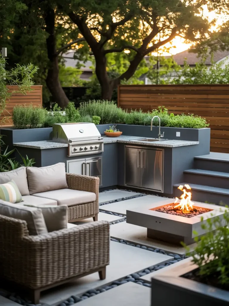 Multi-functional backyard outdoor kitchen with stainless steel grill, sink, wicker seating, and a modern fire pit surrounded by greenery.