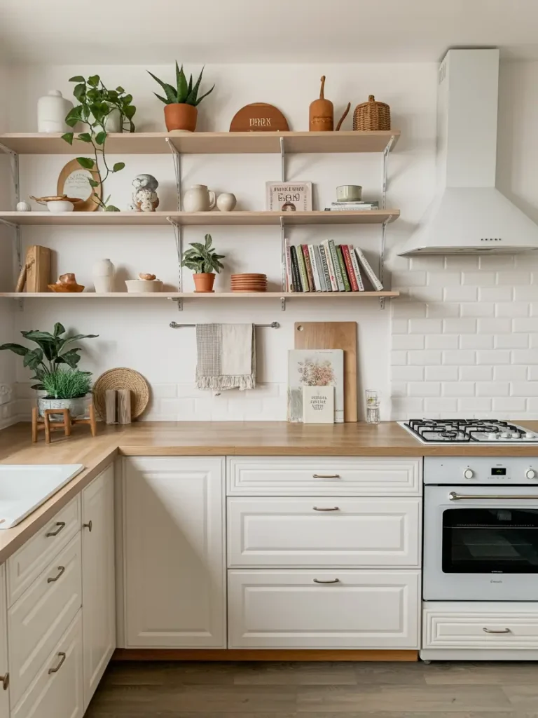 White kitchen with open shelving, butcher block counters, and minimalist décor for a relaxed and airy vibe.