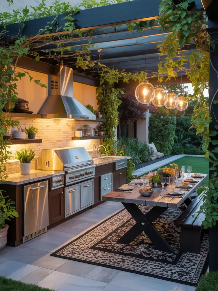 Outdoor dining area with modern outdoor kitchen featuring stainless steel appliances, wooden dining table, hanging globe lights, and greenery-covered pergola.