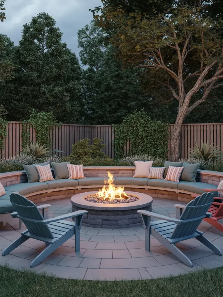 Outdoor fire pit seating ideas with circular built-in benches and Adirondack chairs around a stone fire pit.