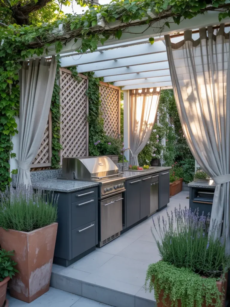 Outdoor kitchen with stainless steel appliances under a pergola, surrounded by privacy lattice walls, climbing vines, and flowing curtains.