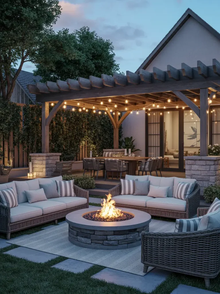 Cozy outdoor living room with wicker sofas, striped cushions, round stone fire pit, and pergola with string lights.
