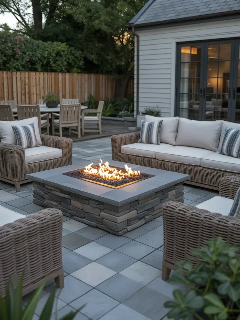 Cozy patio fire pit area with modern stone fire feature surrounded by wicker seating.