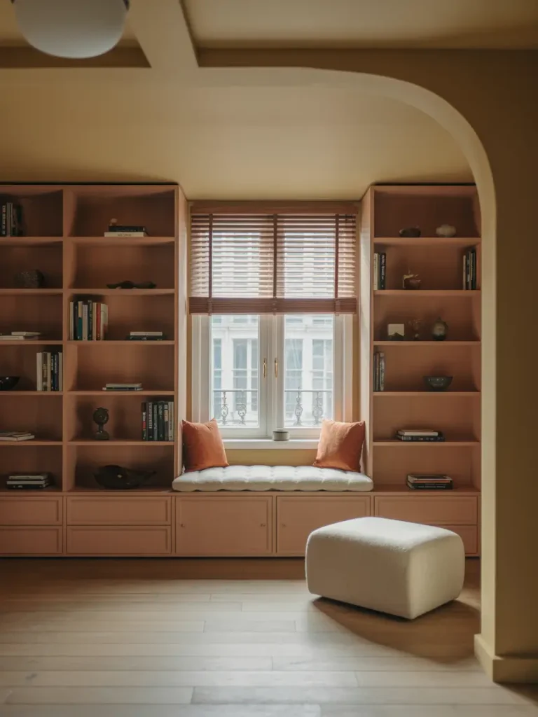 Elegant reading nook with built-in blush pink bookshelves, cushioned window seat, and warm accent pillows creating a personalized luxury touch.