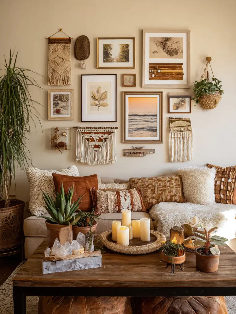 Cozy boho living room with a gallery wall of art, woven textiles, and natural accents.