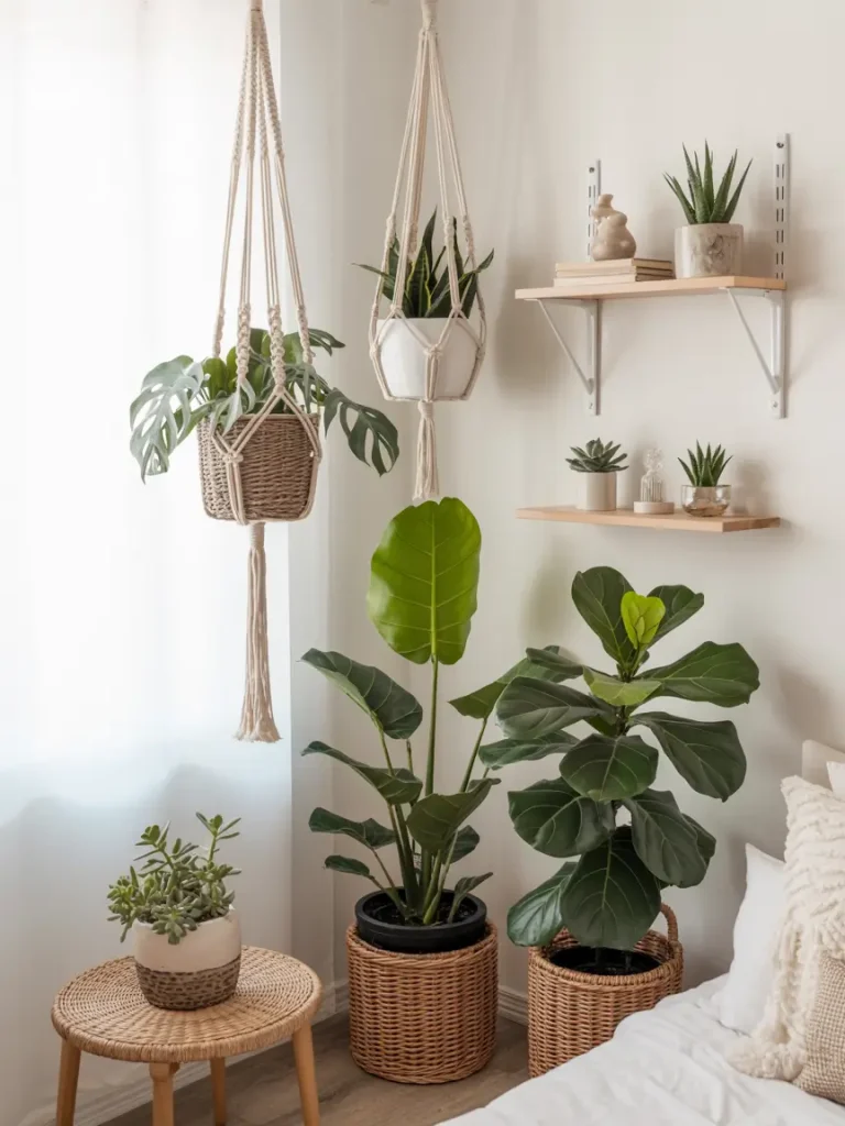 Indoor plants in woven baskets and macrame hangers add natural charm to a boho bedroom.