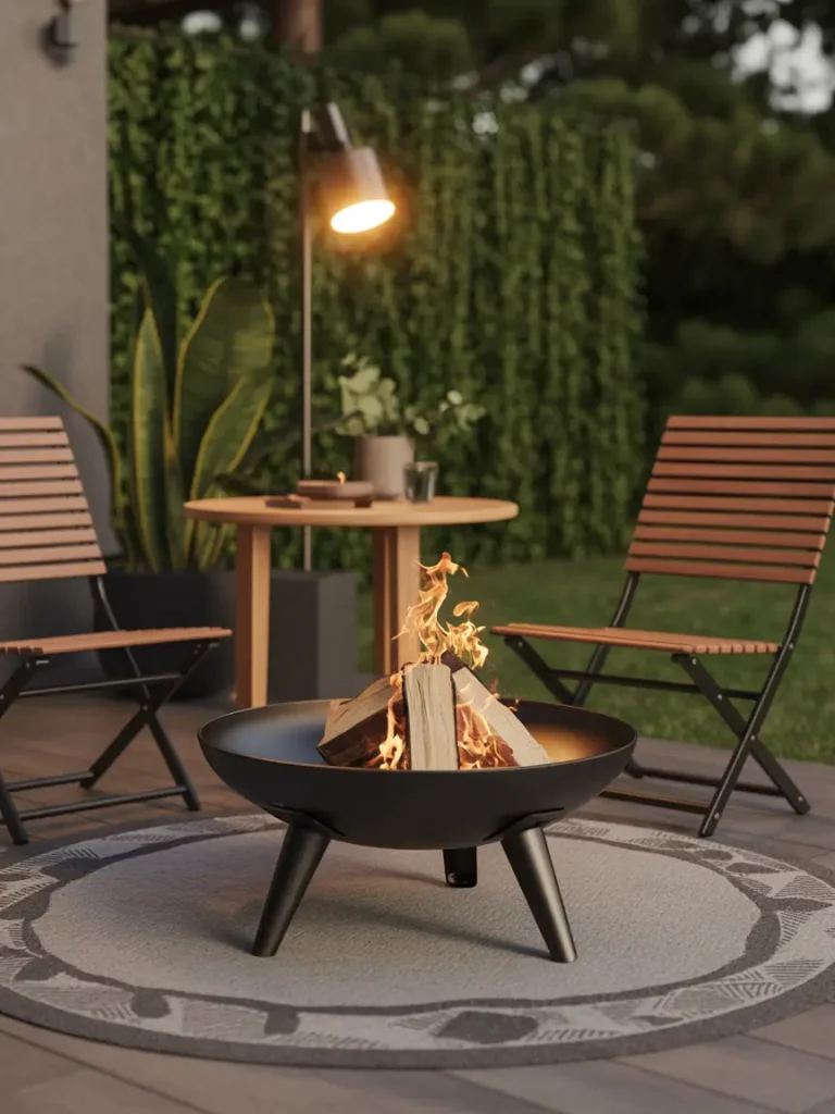 Portable black fire pit with wood logs burning, surrounded by modern outdoor chairs and a small round table with plants in the background.