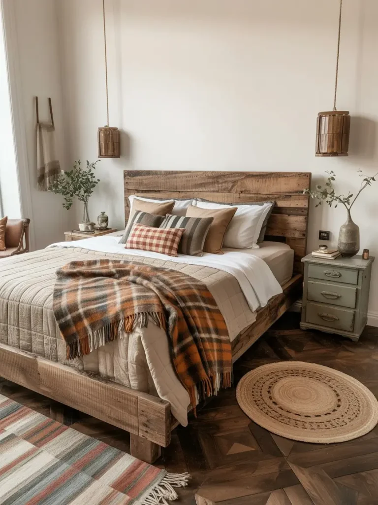 Rustic boho bedroom with a wooden bed frame, plaid blanket, neutral bedding, hanging pendant lights, and natural decor accents.