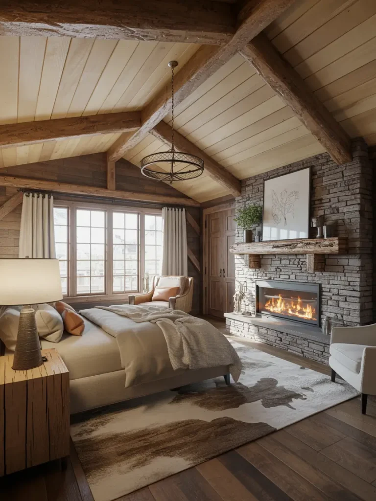 Rustic luxury bedroom with exposed wooden beams, stone fireplace, and cozy neutral-toned bedding.