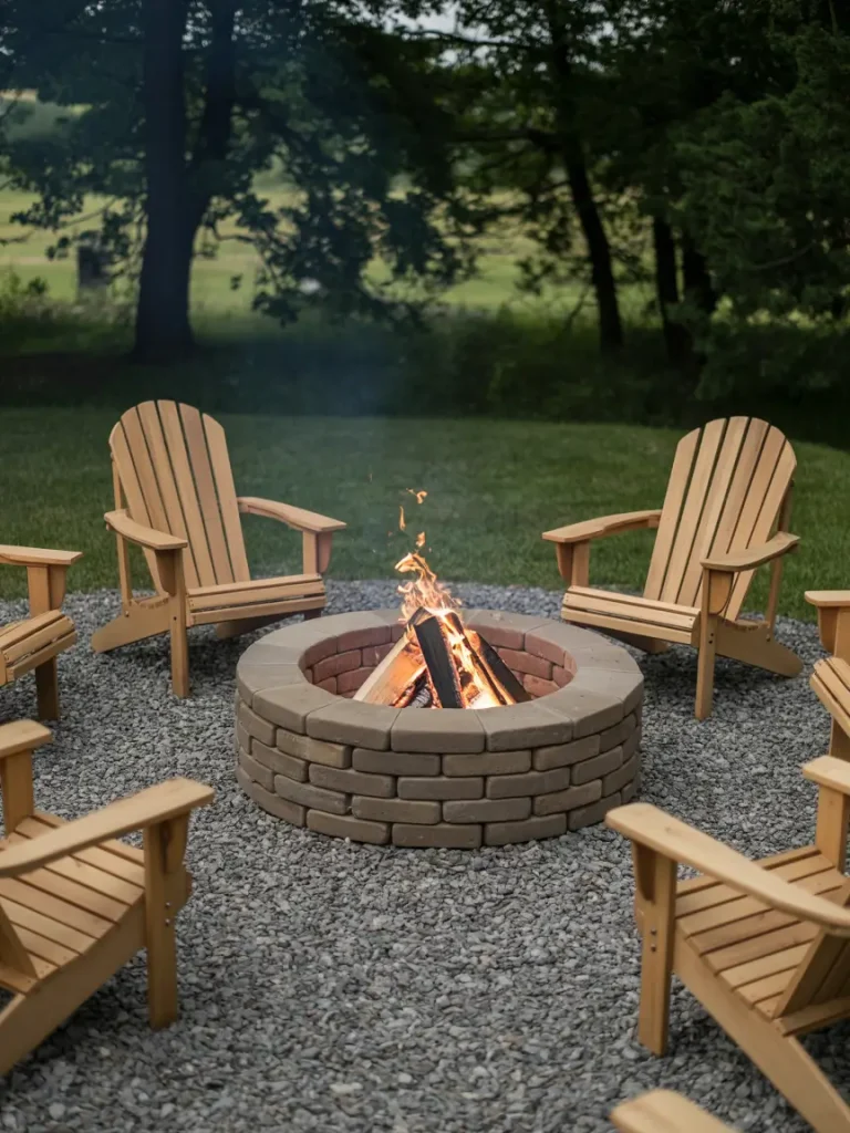 Rustic stone fire pit surrounded by wooden Adirondack chairs on a gravel patio with a cozy campfire burning.
