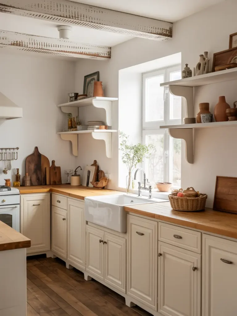 Rustic white kitchen with farmhouse sink, open shelves, and wooden countertops.