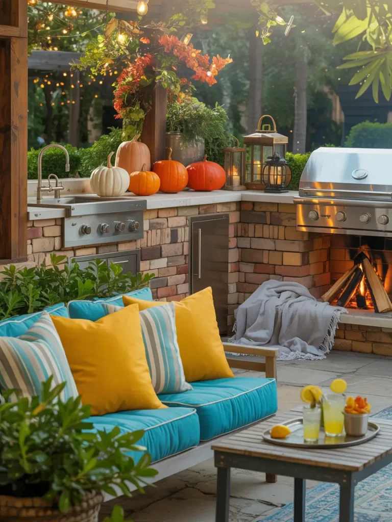 Seasonally decorated outdoor kitchen with pumpkins, cozy seating, and string lights