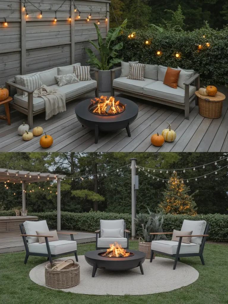 Seasonal outdoor fire pit setup with cozy seating, string lights, and festive decorations.