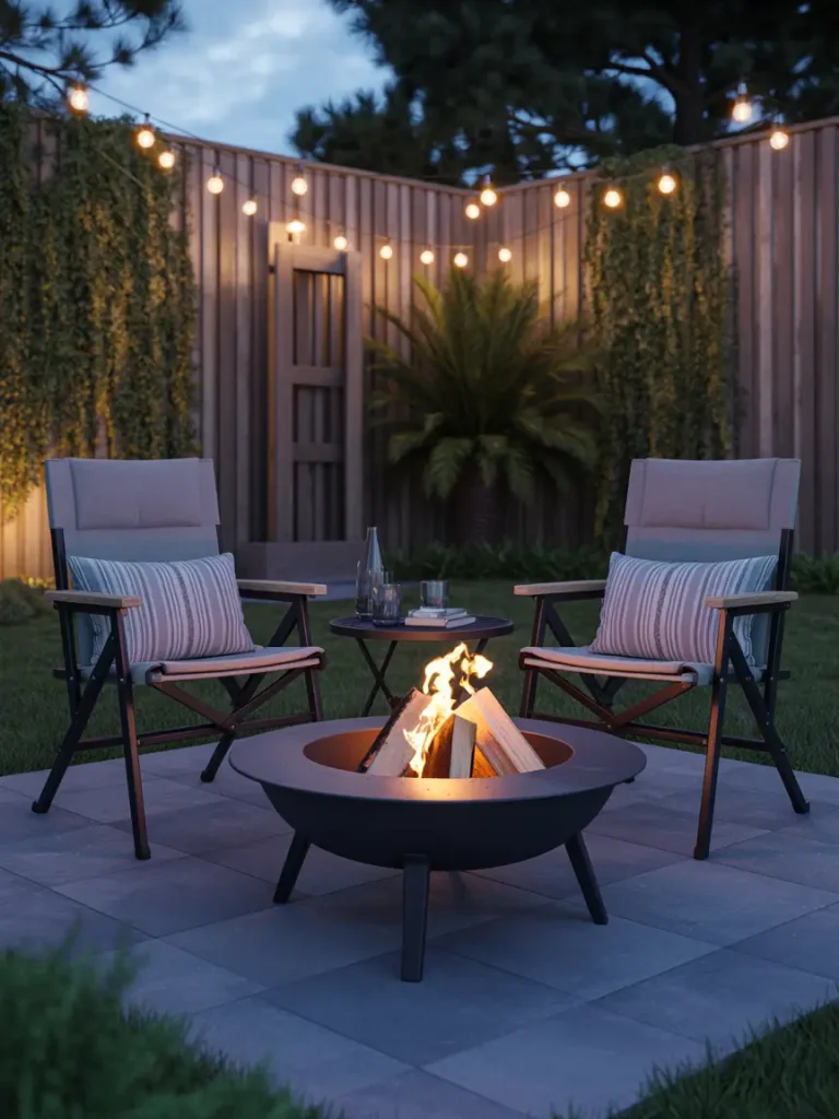 Small backyard fire pit with two modern chairs, a round black metal fire pit, and string lights overhead.