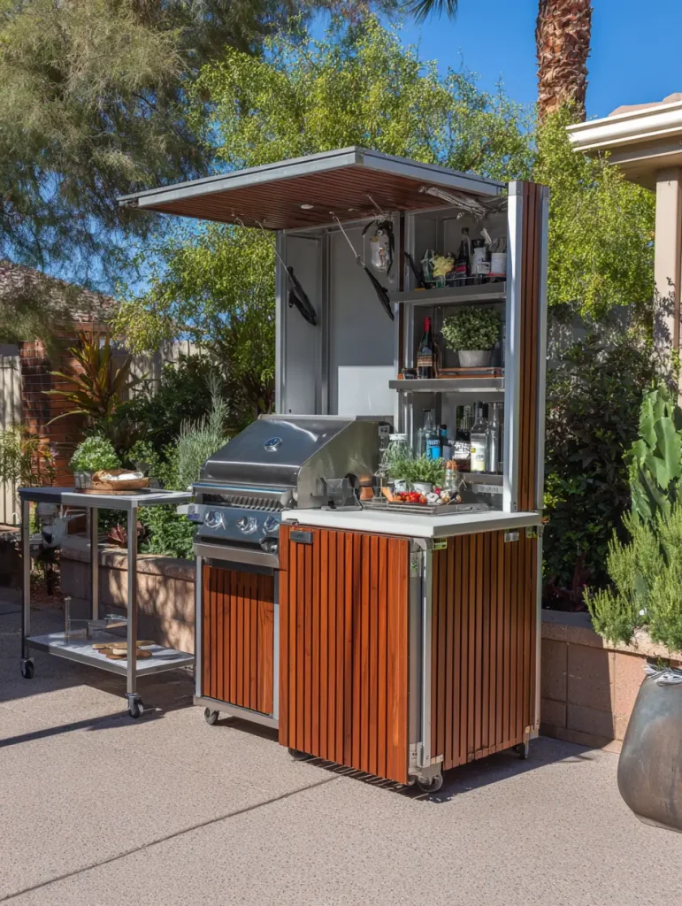 Small backyard outdoor kitchen with a compact grill station, foldable shelves, and wood-paneled cabinets on wheels, designed for space-saving outdoor cooking.