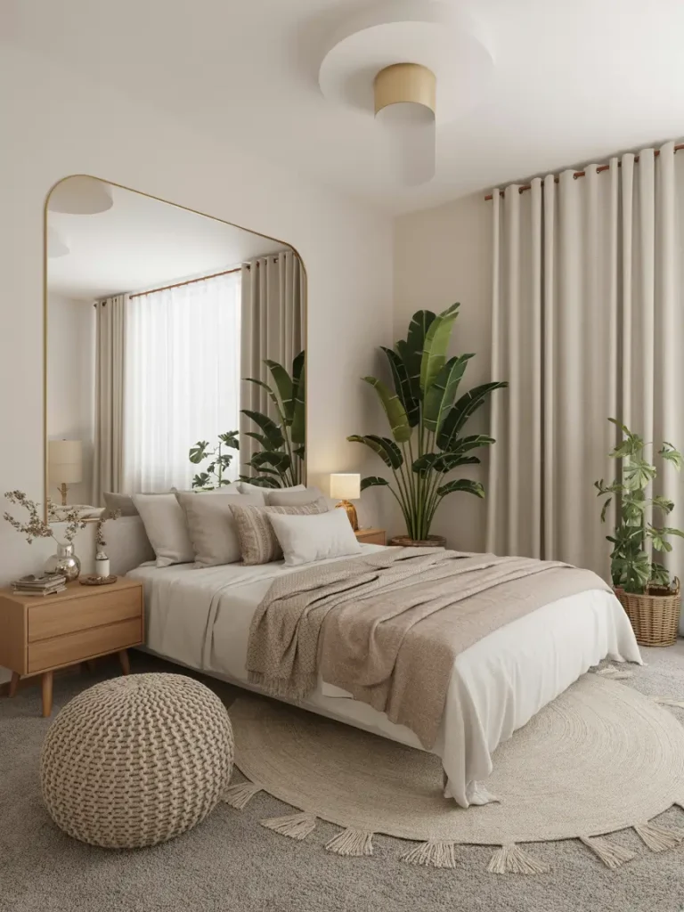 Small boho bedroom with neutral tones, round woven rug, indoor plants, and cozy layered bedding.