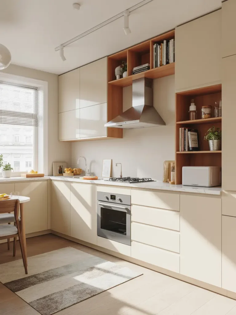 Small white kitchen with minimalist cabinets, marble countertops, open shelving, and built-in storage solutions for maximizing space.