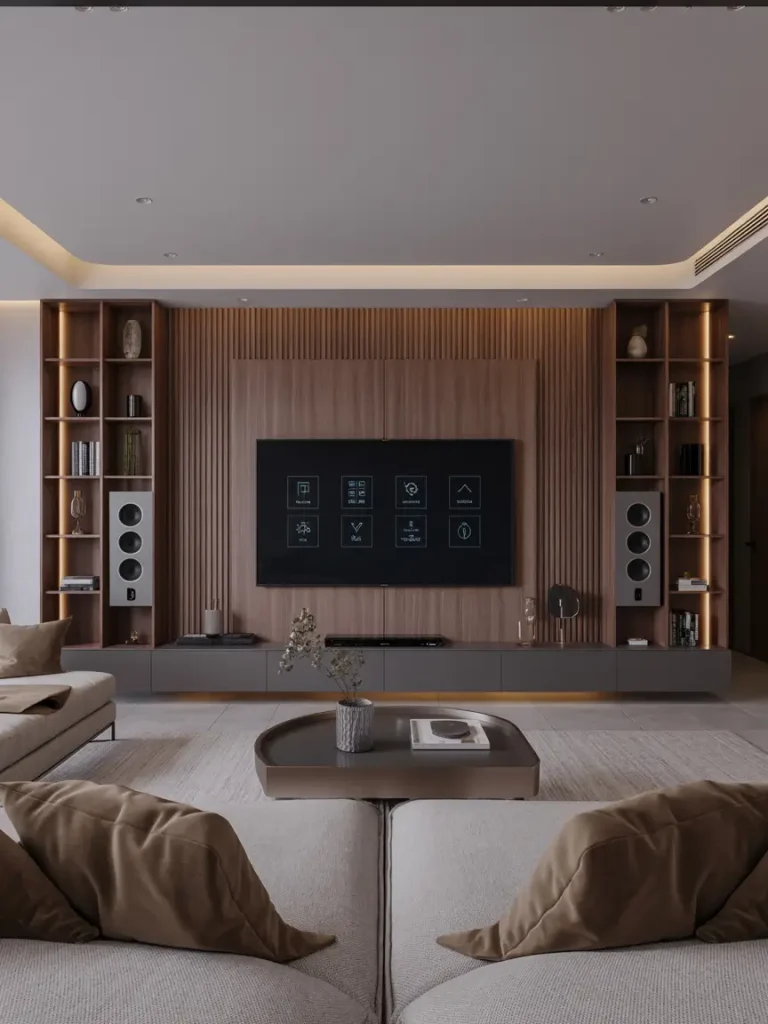 Modern smart home living room with a wall-mounted smart TV, integrated wooden paneling, built-in shelves, and neutral-toned sectional seating.
